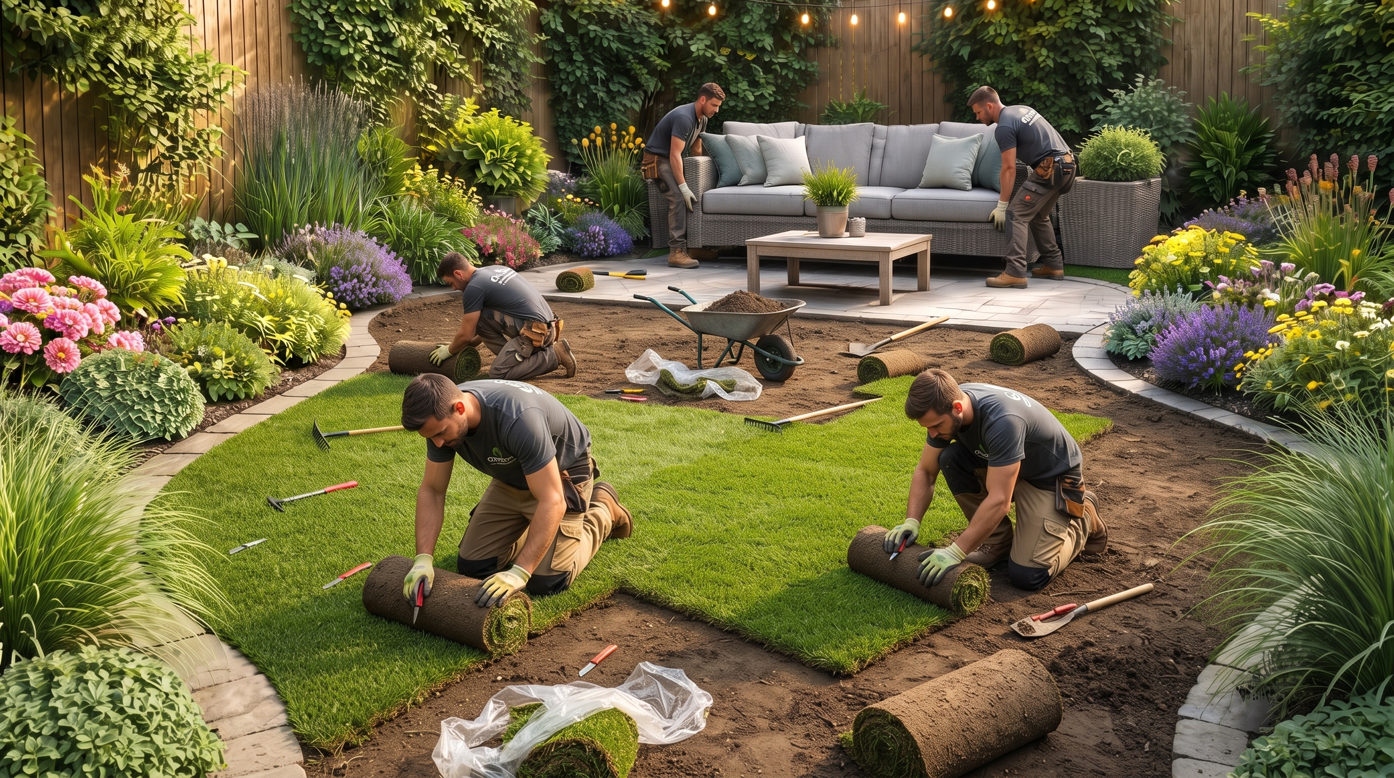 Our crew installing premium synthetic grass — proper base prep and seam work for a flawless lawn.