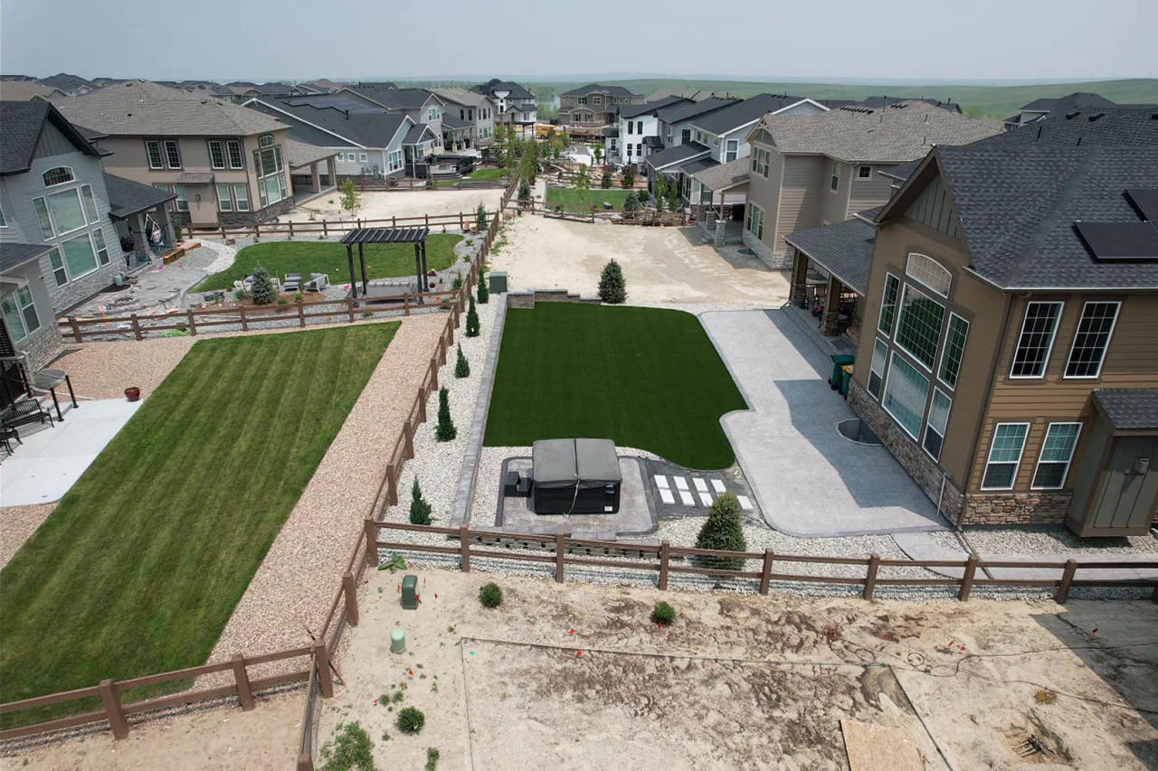 Aerial view of two side-by-side artificial turf lawns — artificial turf in Aurora, CO